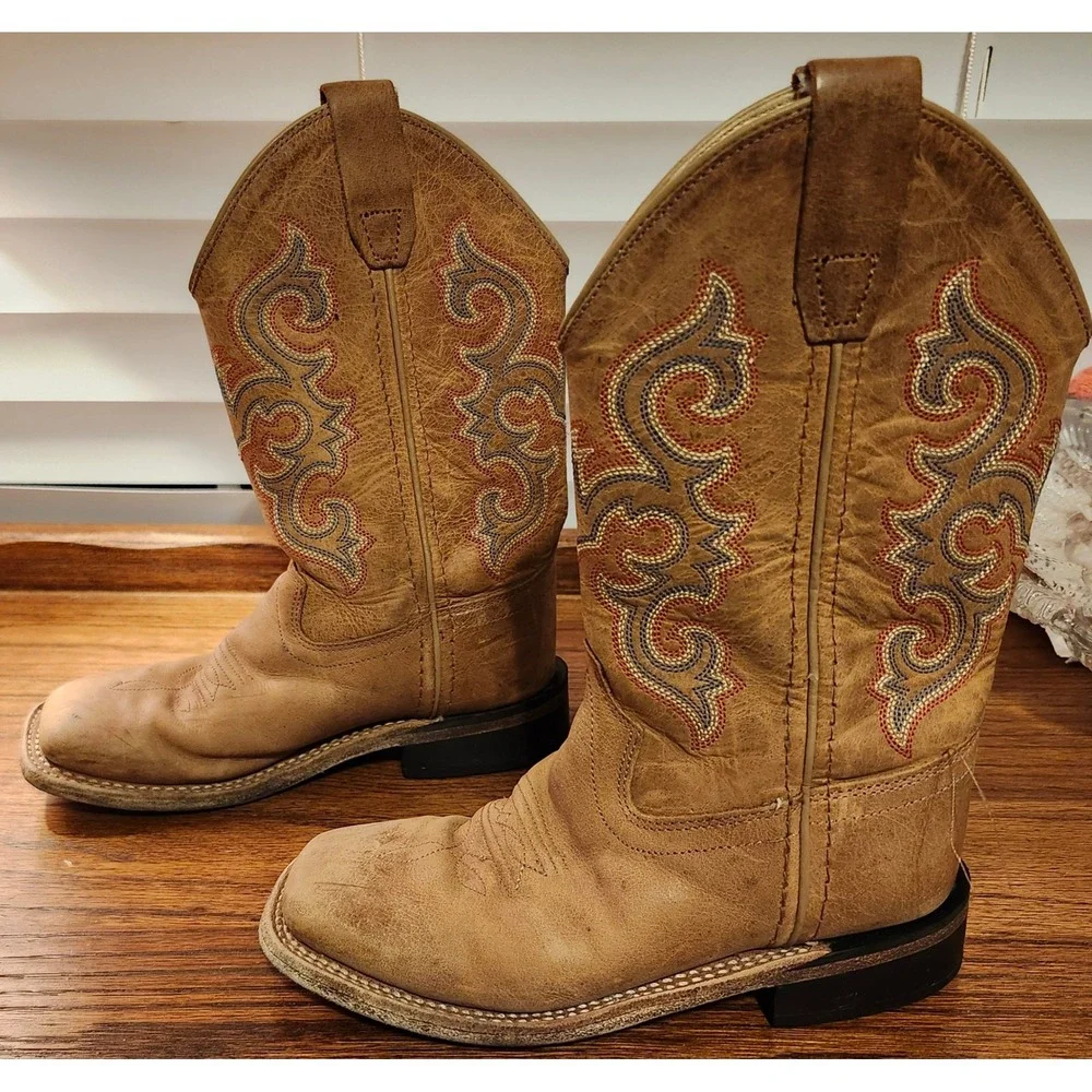 Old West Kid Tan Leather Square Toe Cowboy Boots BSC1818 Size 12D Western Stitch
